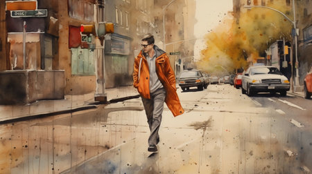 a beautiful watercolor painting of a man named mark walking on the sidewalk. the painting captures the essence of a peaceful stroll on a sunny day. ai generatedの素材