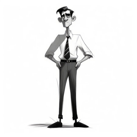 this cartoon depicts thinobadistes wearing white collar shirts with a tired expression, slumped in a full body illustration with clean lines and a black and white color scheme. ai generatedの素材