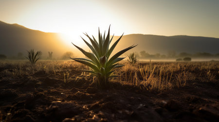 a lone aloe vera stands tall and proud in a sun-drenched field, creating a natural masterpiece as sunlight filters through its leaves. professional photography. ai generatedの素材