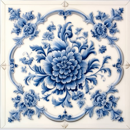 add a touch of elegance to your home decor with this vintage delft tile wall art. the shades of blue and creamy white on a white background create a classic look that will complement any room. ai generatedの素材