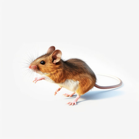 this photorealistic illustration of a mouse running on a white background is created in a hyperrealistic digital airbrush style. the mouse looks like a jogger with a long tongue and is sweating. the golden light adds to the gigantic scale of the mouse. ai generatedの素材