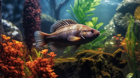 this high definition photo captures the details of a snapper swimming in an aquarium surrounded by plants and stones. the photo is so realistic, it feels like you're right there with the fish. ai generatedの素材