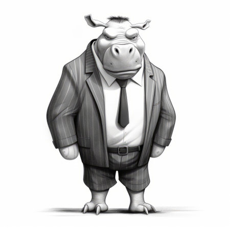 this cartoon illustration depicts pseudoprepotherium, a prehistoric mammal, dressed in a white collar shirt and slumped with a tired expression. the full body of the animal is illustrated with clean lines and the image is in black and white. ai generatedの素材