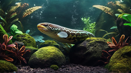 experience the beauty of an eel aquarium with intricate details and high definition. see a photo-realistic depiction of eels swimming among plants and stones. ai generatedの素材