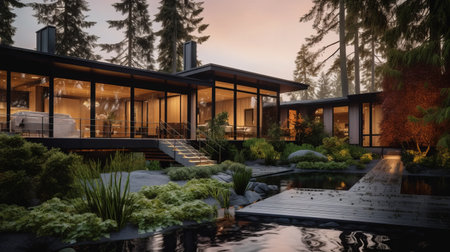 this photo showcases a stunning 2-story modernist home in the pacific northwest, featuring floor-to-ceiling glass, green paint, black trim, and lush landscaping. the cozy and warm feeling of the home is captured at sunset after rain with high definition hdr. ai generatedの素材