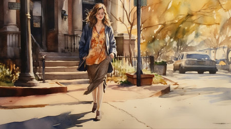 a beautiful watercolor painting of margaret walking on the sidewalk. the painting captures the essence of a peaceful walk on a sunny day. ai generatedの素材