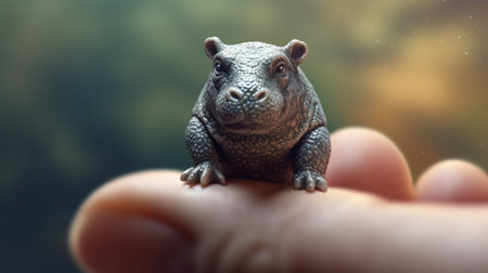 a photorealistic painting of a hippopotamus sitting on top of a person's finger. this epic concept art is rendered in keyshot and features intricate, highly detailed 8k bokeh. the cute little creature is very tiny and is captured in a close-up photo, making it the cutest portrait of a small, young and cute hippopotamus. ai generatedの素材