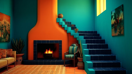 this fireplace design features an orange and blue wall with stairs, melding mexican and american cultures in the style of orange and emerald. the color scheme includes dark yellow and green, with an afro-caribbean influence. the design was likely inspired by a spanish school and was captured with a minolta riva mini camera and posted on flickr. ai generatedの素材