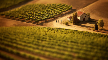this photograph, taken by takumar 105mm f/2.8 c 50, showcases an italian landscape captured through a tilt-shift lens. the scenery is strikingly vibrant and subtly sunny, with mary dashing across a winery field. the photo is photo-realistic, has clean sharp focus, depth of field, and is beautifully-color-coded and hyper-detailed. it has won awards for its stunning composition. ai generatedの素材