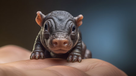 a photorealistic painting of a hippopotamus sitting on top of a person's finger. this epic concept art is rendered in keyshot and features intricate, highly detailed 8k bokeh. the cute little creature is very tiny and is captured in a close-up photo, making it the cutest portrait of a small, young and cute hippopotamus. ai generatedの素材