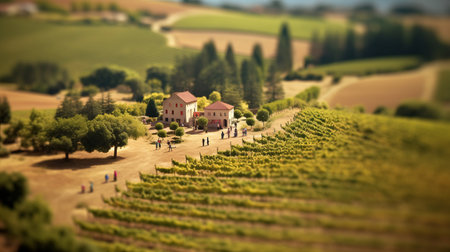 experience the stunning scenery of an italian landscape captured through a tilt-shift lens, showcasing vibrant colors and subtle sunshine. the photo, taken by takumar 105mm f/2.8 c 50, features an aerial view on a sunny day with photo-realistic quality, clean sharp focus, depth of field, beautifully-color-coded, hyper-detailed, and has won multiple awards. ai generatedの素材