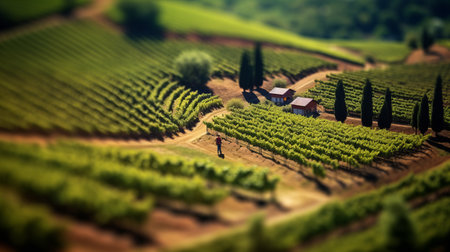 emily dashes across a winery field in this award-winning photograph taken by takumar 105mm f/2.8 c 50. the aerial view of the italian landscape is photo-realistic, with clean sharp focus, depth of field, and beautifully-color-coded hyper-detailed scenery that is strikingly vibrant and subtly sunny. ai generatedの素材