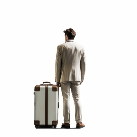 a rear view of daniel carrying a suitcase on a white background. the image is clean and simple, with a focus on the subject and his luggage. ai generatedの素材