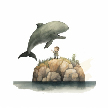 enjoy the playful artwork of jon klassen featuring a dolphin putting a hand in its mouth, accompanied by a snicker emoji. the art has no background, making it perfect for any setting. ai generatedの素材