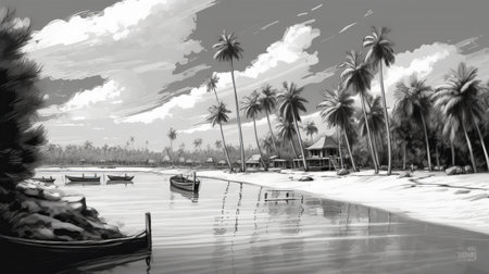this illustrative sketch captures the serene rhythm of the turquoise waters of the indian ocean gently lapping against the pristine white sands. leaning coconut palms grace the composition, their fronds rustling softly to the tune of the sea breeze, augmenting the allure of the picturesque setting. rendered with graceful linework and a mindful attention to detail, this outline artwork beautifully captures the tranquil essence ofの素材