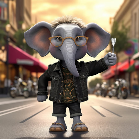 a stunning disney pixar cartoon features an elephant wearing a black biker jacket, jeans, and sunglasses, standing upright on hind legs. ai generatedの素材