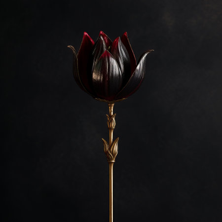 this studio photograph showcases a lily with a smooth black tulip and a shiny 24k gold stem. the flower features gold accents and red sapphires on its petals. the moody dark lighting and high detail texture add depth to the image. ai generatedの素材