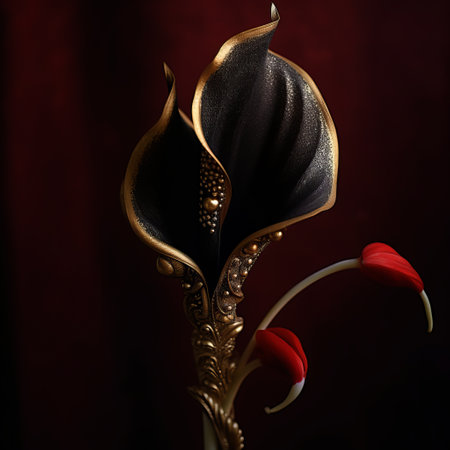 a stunning studio photograph of a black tulip with a smooth texture and a shiny 24k gold stem. the petals are adorned with gold accents and red sapphires, creating a luxurious and elegant look. the moody dark lighting and high detail texture add depth and drama to the image. ai generatedの素材