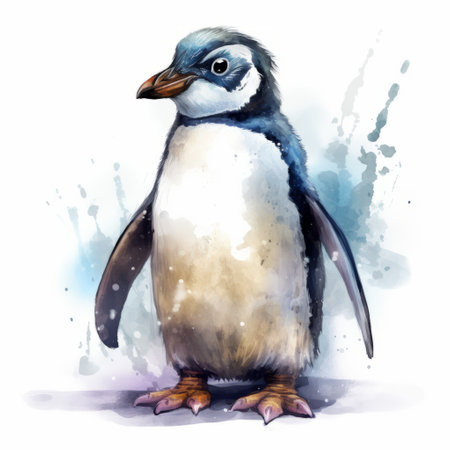 this hyper-realistic penguin illustration is inspired by beatrice potter, magali villeneuve, and john blanche. it features a full body pose of a penguin in the style of disney cartoon, with highly detailed watercolor digital illustration. the image is in dye-transfer, hd 12k resolution, with sharp focus, and isolated on a white background. ai generatedの素材