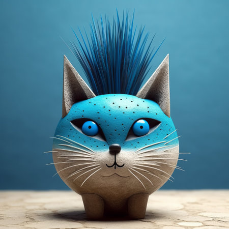 this cat figurine features blue feathers and eyes painted on its head, and is designed in the style of evgeni gordiets, clemens ascher, didier lourenco, concrete, inventive character designs, and spiky mounds. the close-up view showcases the intricate details of the figurine. ai generatedの素材