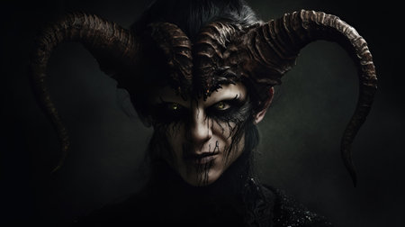 this is a portrait photograph of a creature that appears to be a hybrid between a demon and another species. the image captures the unique features of the creature, including its sharp teeth, pointed ears, and glowing eyes. ai generatedの素材