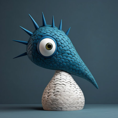 this snake figurine features blue feathers and eyes painted on its head, and is designed in the style of evgeni gordiets, clemens ascher, didier lourenco, concrete, inventive character designs, and spiky mounds. the close-up view showcases the intricate details of the figurine. ai generatedの素材