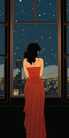 tomer hanuka's comic panel on pixiv features a woman standing in front of a window, gazing at the stars. the artwork is inspired by cosmic horror and uses flat colors and parallax effects. ai generatedの素材