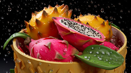 a hyper-realistic image of a basket filled with dragon fruit, surrounded by raindrops, photographed by martin parr. the image is styled with abundant symbolism, sparklecore, unpolished authenticity, humor meets heart, and leaf patterns. ai generatedの素材
