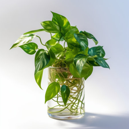 this commercial photography showcases realistic pothos plants placed on a white table with high detail and hyper quality. the images are available in high resolution, hd, and 8k. ai generatedの素材