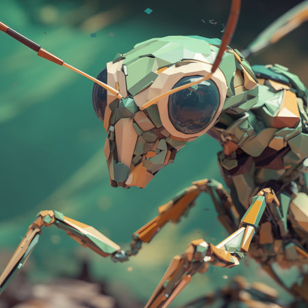 this 3d model of an ant features a unique auto-destructive art style with cracked insect shapes and broken eyes. the close-up intensity of the mint green, peach, light gray, and navy blue colors adds to the alain laboile and john watkiss aesthetic. ai generatedの素材