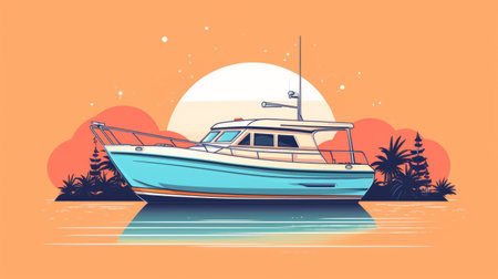 this simple draw of a yacht side view is a beautiful representation of the sea and meadow. the colorful vector art line adds a touch of elegance to the design. ai generatedの素材