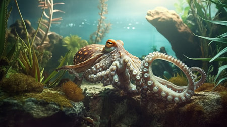 experience the beauty of an octopus in an aquarium surrounded by plants and stones in stunning high definition detail. this photo realistic image captures the essence of these fascinating creatures. ai generatedの素材