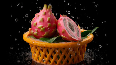 experience the unpolished authenticity of a hyper-realistic rendering of a basket filled with dragon fruit, surrounded by raindrops, and photographed by martin parr. this image combines humor and heart with the sparklecore aesthetic and intricate leaf patterns. ai generatedの素材