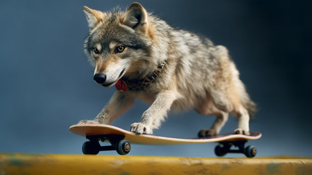 a wolf was spotted riding a skateboard in a park, causing panic among visitors. the animal seemed scared and lost, and authorities were called to safely remove it from the area. ai generatedの素材