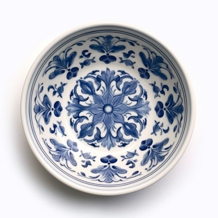 this decorative bowl features a vintage delft tile design on a white background, with shades of blue and creamy white. perfect for adding a touch of elegance to any room. ai generatedの素材