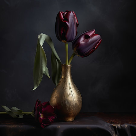 a stunning studio photograph of a lavender flower with a smooth black tulip and a shiny 24k gold stem. the petals are adorned with gold accents and red sapphires, all captured with moody dark lighting and high detail texture. ai generatedの素材