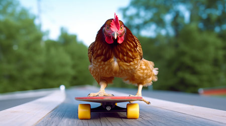 a video of a chicken riding a skateboard goes viral as the bird gets scared and jumps off mid-ride. ai generatedの素材