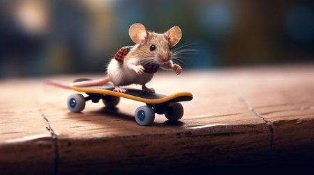 a tiny mouse on a skateboard gets spooked and jumps off, leaving the board rolling away. ai generatedの素材
