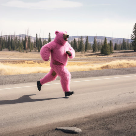 a bear was spotted jogging through yellowstone park wearing pink shorts. the unusual sight caught the attention of many visitors. ai generatedの素材