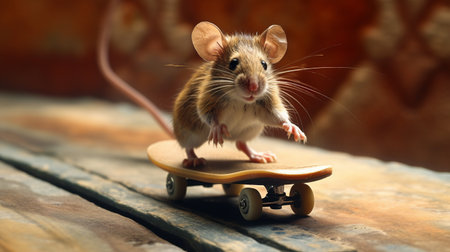 a tiny mouse on a skateboard gets spooked and jumps off, sending the skateboard rolling down the street. ai generatedの素材