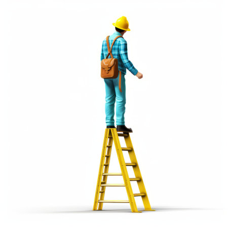 a male real estate agent is depicted in a bright and colorful vector illustration, wearing a yellow and blue hat and climbing a dark brown ladder. the illustration features a simple design with a 6 head scale, full-body, and a white blank background. ai generatedの素材