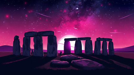 this cartoon depicts the cosmos candidus, a beautiful flower with black, pink, and purple petals, set against a stunning night sky filled with stars. the flower is set in a desert landscape with the iconic stonehenge monument in the background. ai generatedの素材
