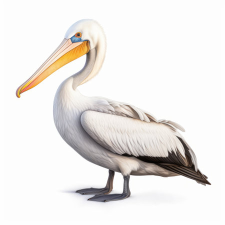 a beautiful painting of a pelican and black-browed albatross sitting down in the style of ambrosius bosschaert. the painting captures the late afternoon beautiful colours and golden hour lighting on a clear and white background. the wide angle full body shot adds to the beauty of the painting. ai generatedの素材