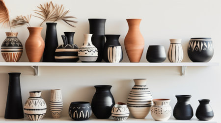 a beautiful display of vases and bowls made of black, white, and terracotta clay in various shapes and sizes, arranged on a white and wooden shelf. ai generatedの素材