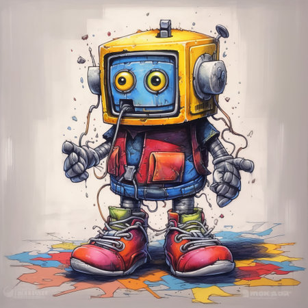 this detailed charcoal illustration depicts a cute construction robot wearing trainers. the vibrant colors and thick impasto painting technique make the drawing stand out. ai generatedの素材