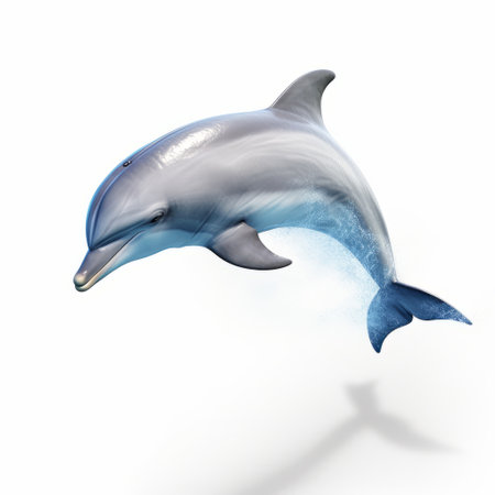 this dolphin photo is isolated on a white background and boasts extremely high resolution, anti-aliasing, and 16mm lens. the image features high sharpness, ambient shading, and hdr super detail, making it ultra photorealistic. the use of opengl and glsl shaders further enhances the image quality. with pro photo gb and moody, cinematic, soft, beautiful, and accent lighting, this photo is a stunning work of art.の素材