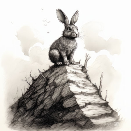 a joyful rabbit is making its way down a slope, leaving a trail of ink behind. the scene is full of happiness and energy. ai generatedの素材