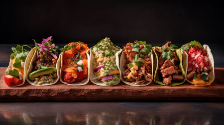 a variety of raw tacos are beautifully presented on a brick, served with fresh mint, tangy tamarind, and savory mushrooms. ai generatedの素材