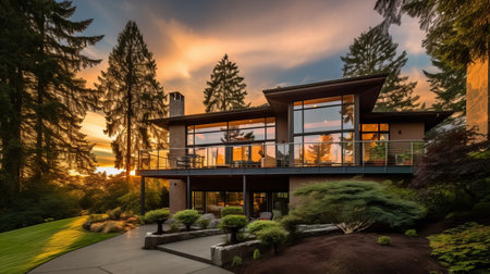 this photo showcases a 2-story modernist home in the pacific northwest with colonial architecture. the exterior features floor-to-ceiling glass, green paint, black trim, and lush landscaping. the cozy and warm feeling of the home is captured at sunset after rain with high definition hdr. ai generatedの素材