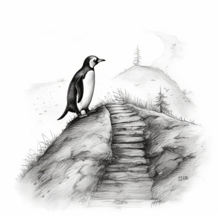 a penguin is joyfully making its way down a slope, leaving a trail of ink behind. ai generatedの素材
